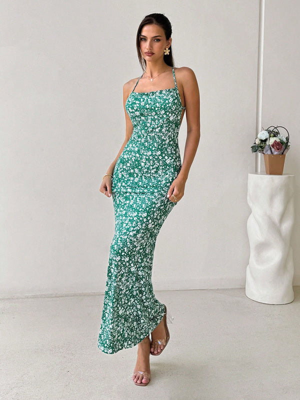 Sexy backless fishtail long dress casual holiday date music festival floral suspender dress