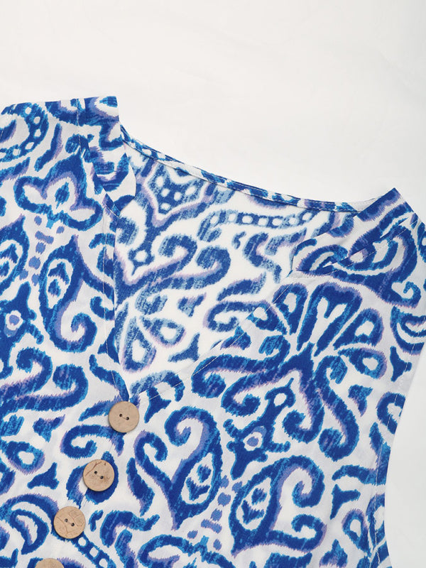 New V-neck button print sleeveless casual dress
