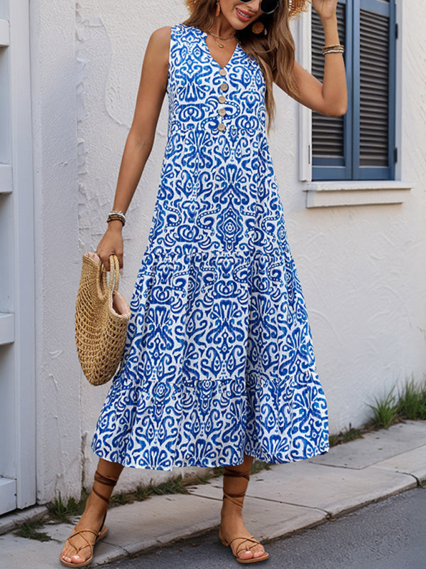 New V-neck button print sleeveless casual dress