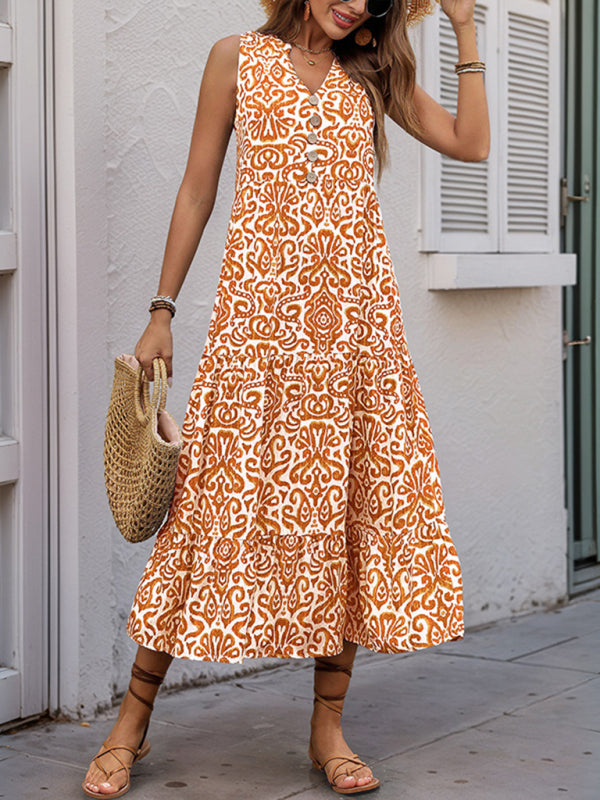 New V-neck button print sleeveless casual dress