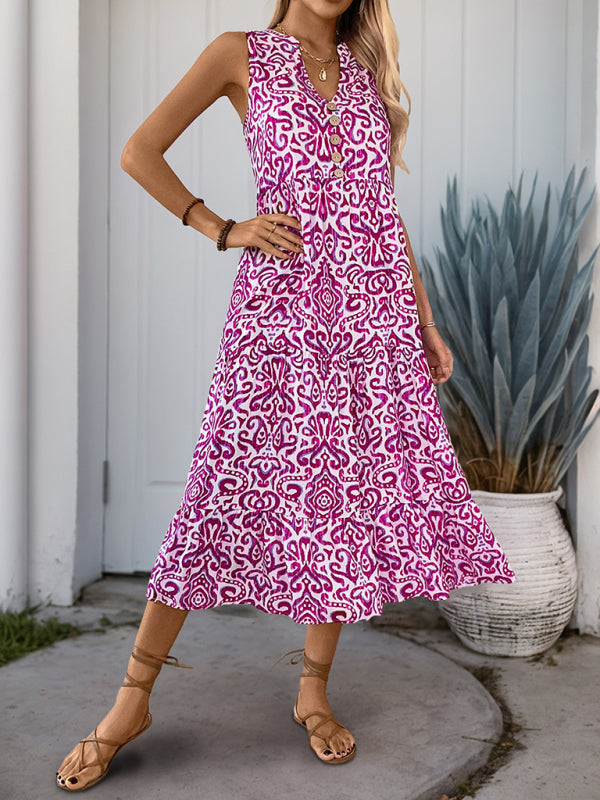 New V-neck button print sleeveless casual dress