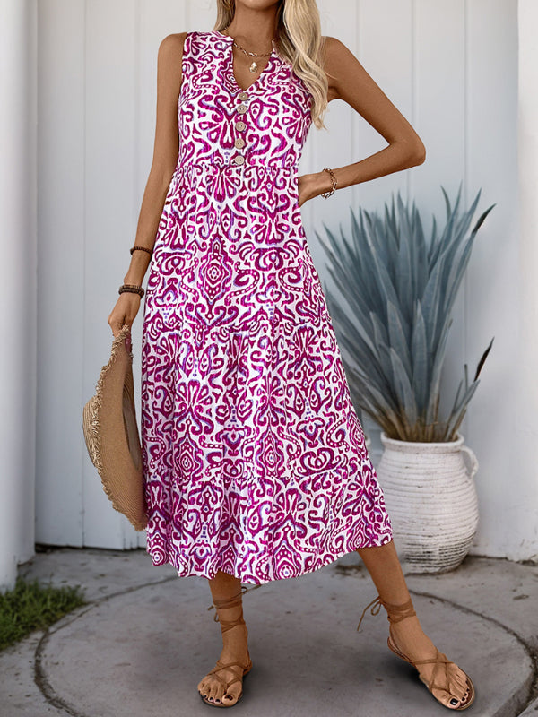 New V-neck button print sleeveless casual dress
