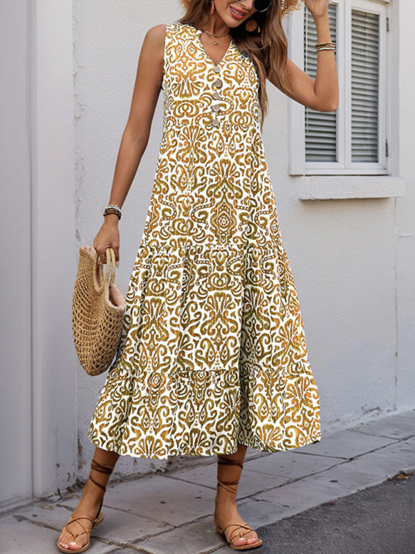 New V-neck button print sleeveless casual dress