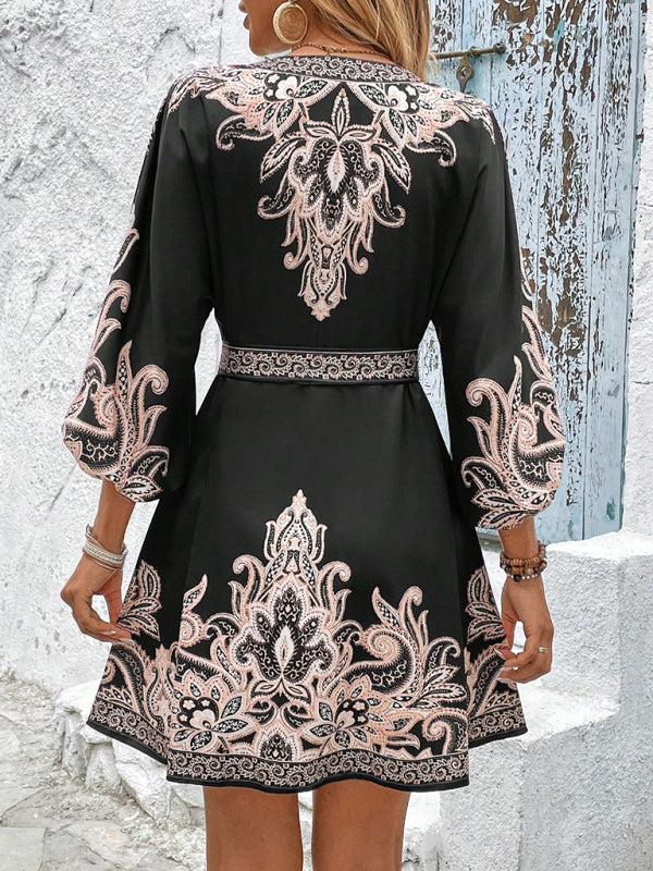New Printed V-Neck Three-Quarter Sleeve Tie-Waist Dress