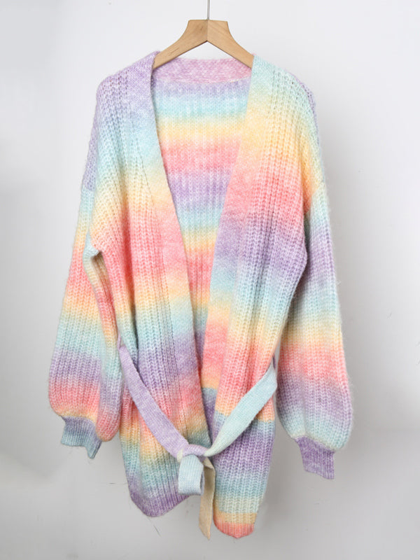 Sweater rainbow tie-dye mid-length loose cardigan women's knitted sweater coat