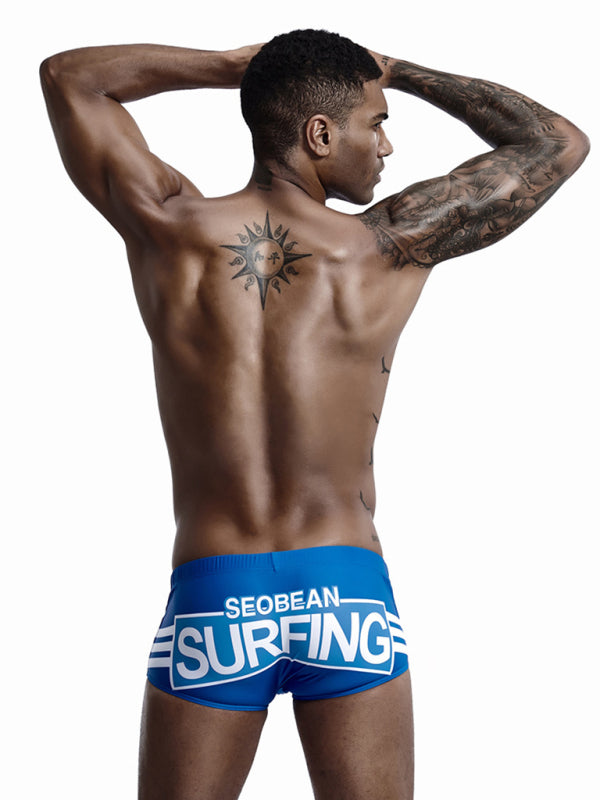 Men's Navy Alphabet Print Striped Swim Shorts