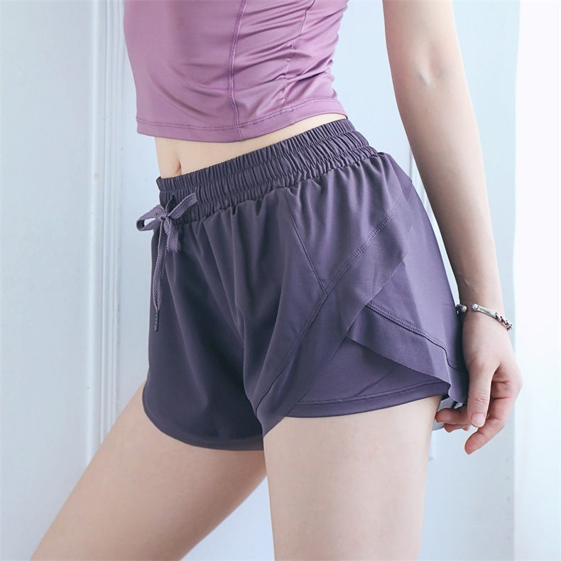 New Fake Two Piece Gym Shorts Women High Waist Elastic Tight Sports Yoga Pants