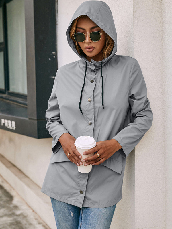 Women's Solid Color Waterproof Hooded Casual Mid Length Windbreaker Jacket