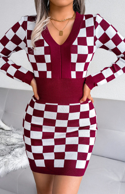 Autumn Winter V-Neck Wrap Hip Knitted Dress