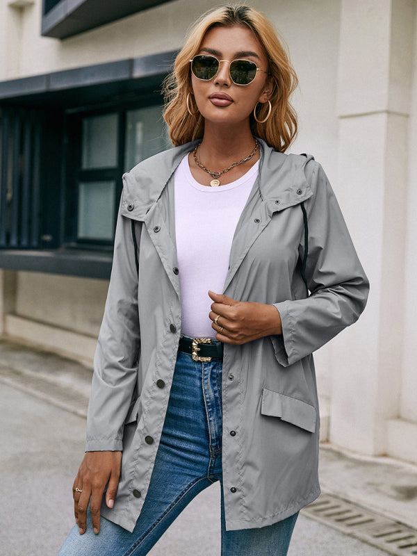 Women's Solid Color Waterproof Hooded Casual Mid Length Windbreaker Jacket