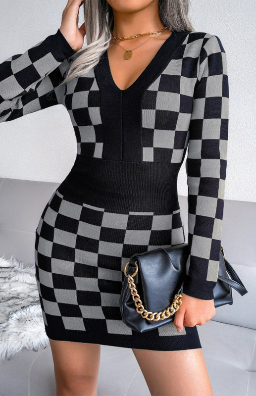 Autumn Winter V-Neck Wrap Hip Knitted Dress