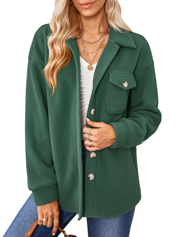 Women's solid color fashion Lapel Plush loose coat