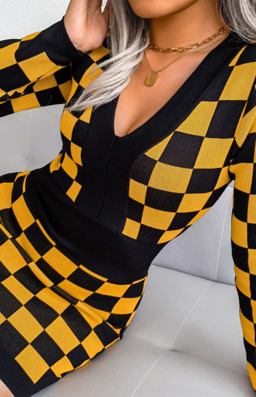Autumn Winter V-Neck Wrap Hip Knitted Dress