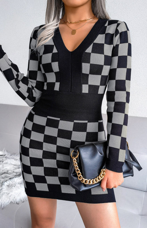 Autumn Winter V-Neck Wrap Hip Knitted Dress