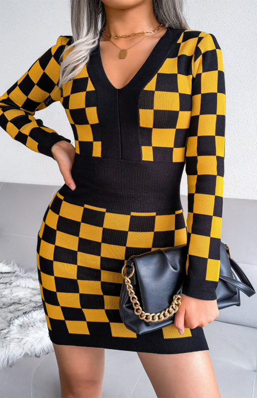 Autumn Winter V-Neck Wrap Hip Knitted Dress
