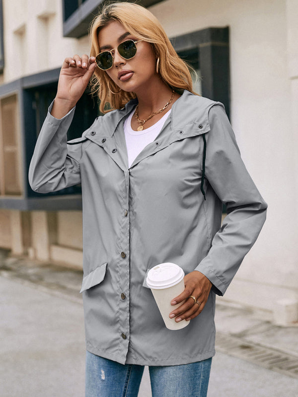 Women's Solid Color Waterproof Hooded Casual Mid Length Windbreaker Jacket