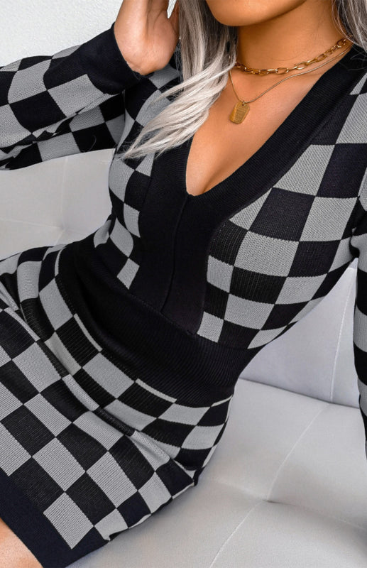 Autumn Winter V-Neck Wrap Hip Knitted Dress