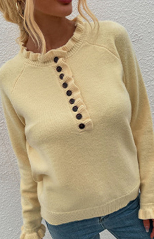 Autumn And Winter New Sweater Wooden Ear Button Sweater Blouse/N