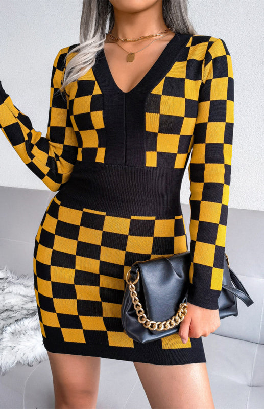Autumn Winter V-Neck Wrap Hip Knitted Dress