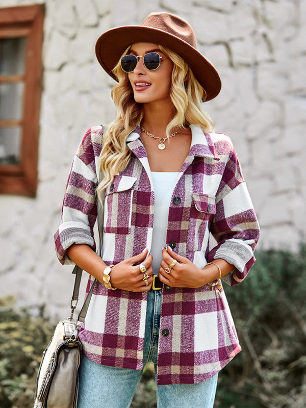 Women's Plaid long sleeve shirt casual coat