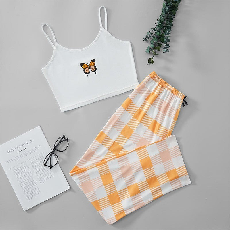 Women's Check Butterfly Print Camisole + Check Print Trousers Homewear Set