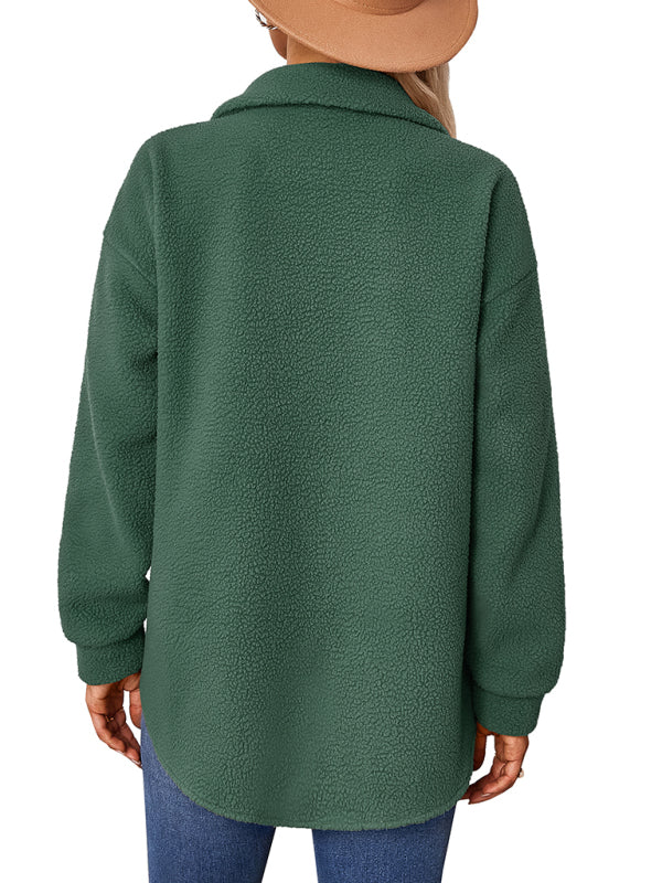 Women's solid color fashion Lapel Plush loose coat