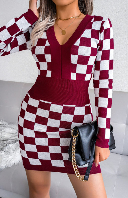 Autumn Winter V-Neck Wrap Hip Knitted Dress