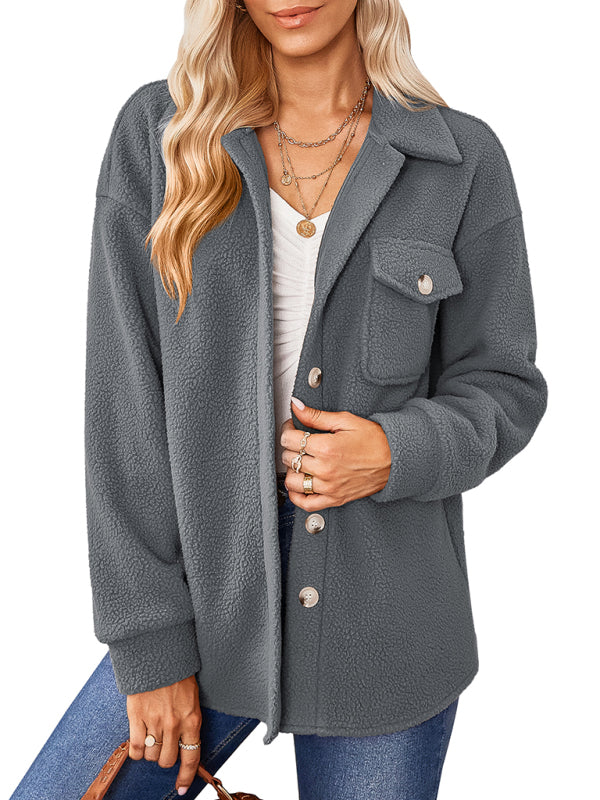 Women's solid color fashion Lapel Plush loose coat