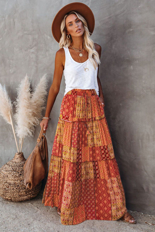 Women's Printed Tiered Maxi Skirt