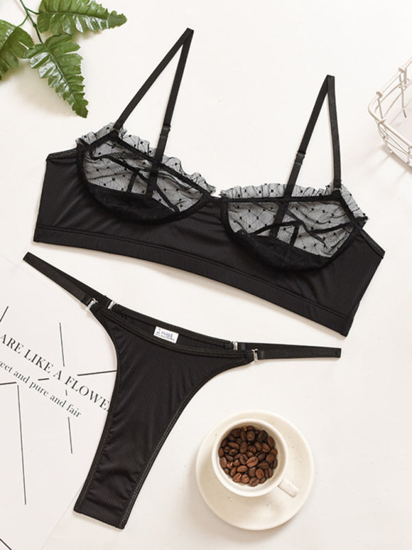 Women's Sheer Mesh Construction Bra, And A Thong Lingerie Set