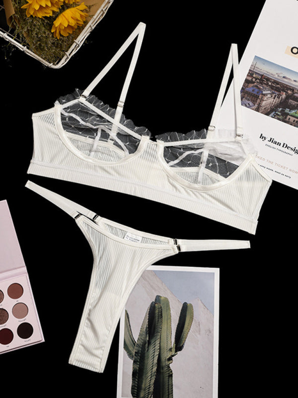 Women's Sheer Mesh Construction Bra, And A Thong Lingerie Set