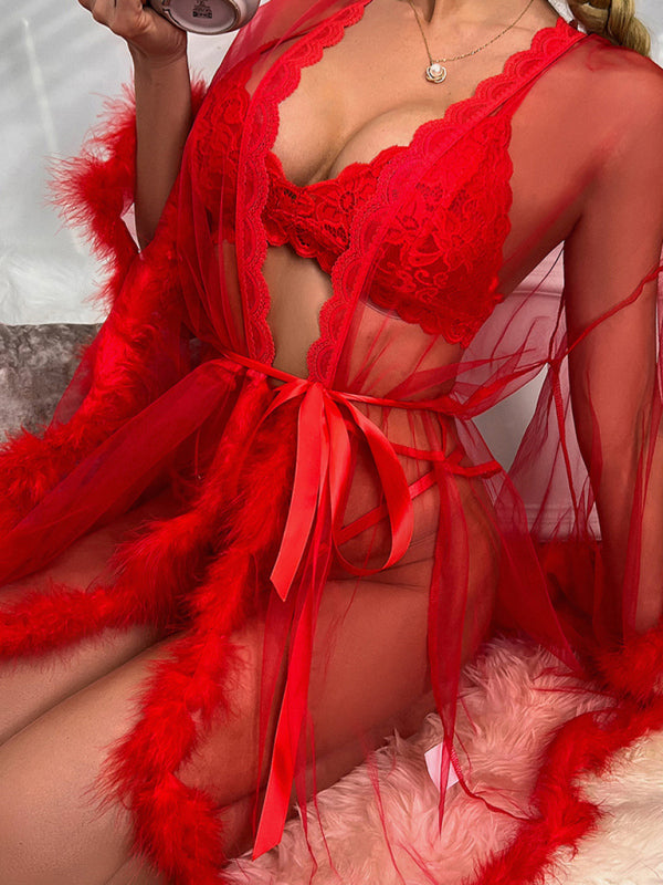 Women's sexy see-through mesh feather nightgown