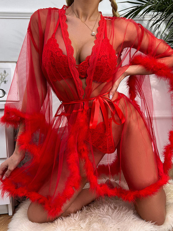 Women's sexy see-through mesh feather nightgown