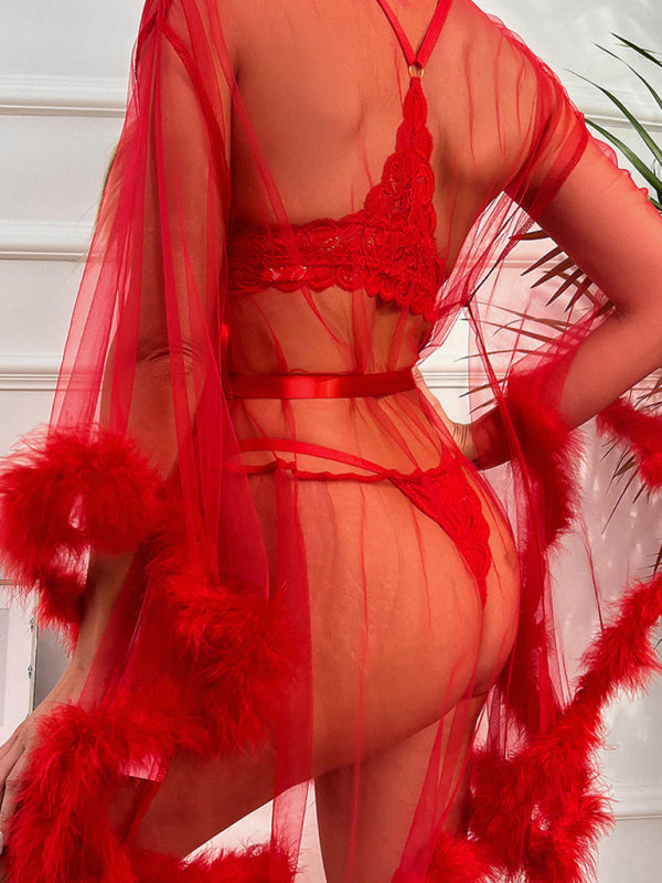 Women's sexy see-through mesh feather nightgown