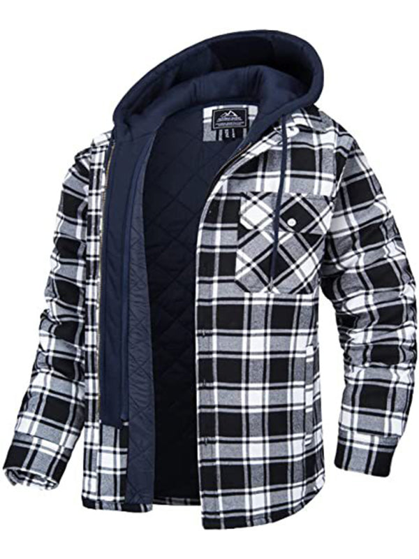 Men’s Plaid Pattern Flannel Contrast With Quilted Lined Hoodie Shirt Jacket