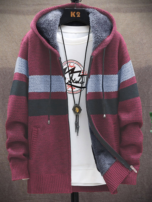 Men’s Color Block Faux Fur Lining Zip Front Hooded Drawstring Hood Sweatshirt Jacket