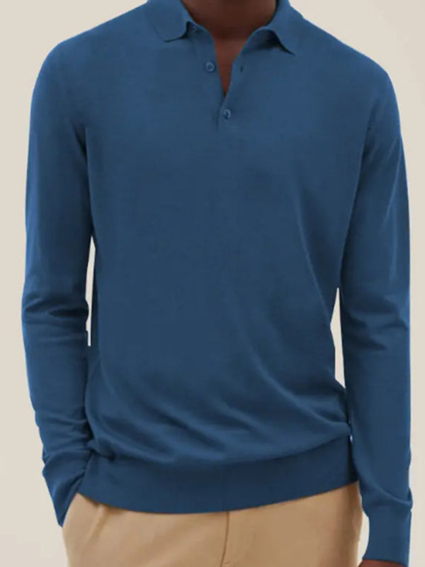 Men's Solid Color Long Sleeve Polo Shirt