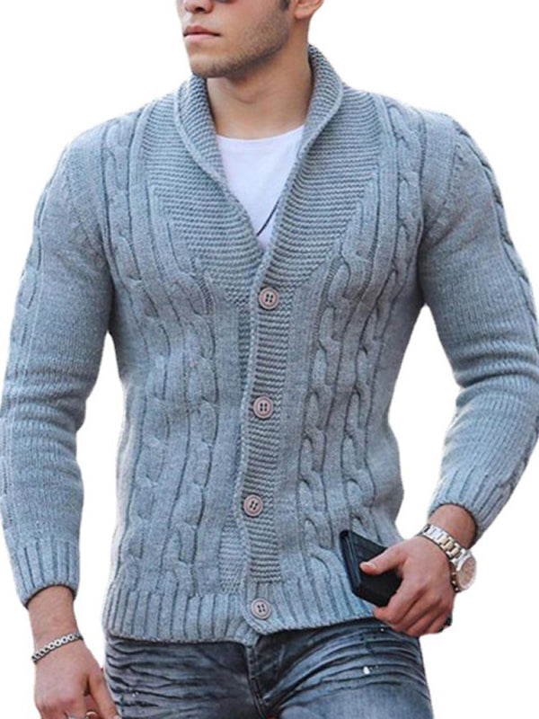 Men's Solid Color Cable Knit Shawl Collar Cardigan