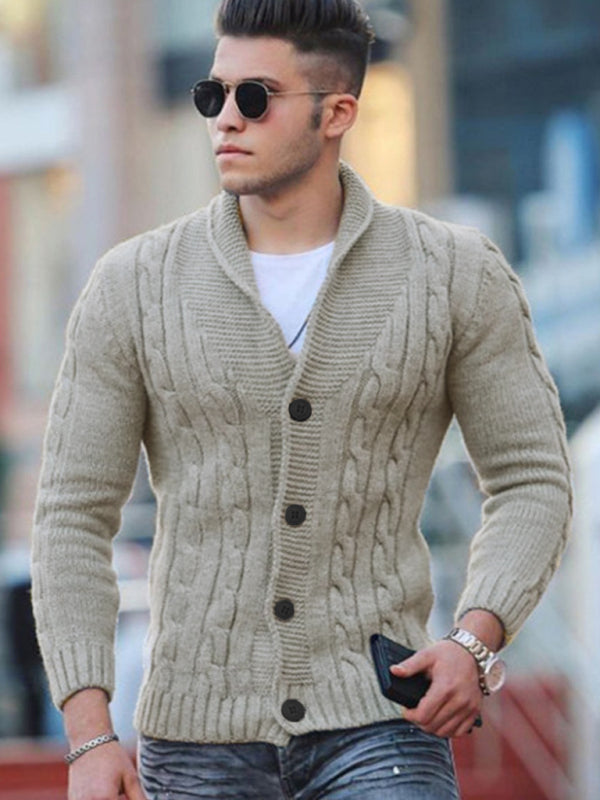 Men's Solid Color Cable Knit Shawl Collar Cardigan