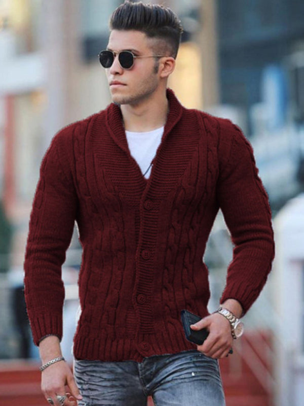 Men's Solid Color Cable Knit Shawl Collar Cardigan