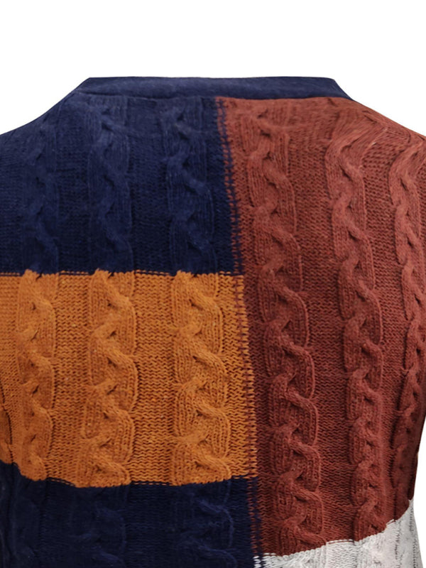 Men's V Neck Cable Knit Colorblocked Button Front Sweater Cardigan