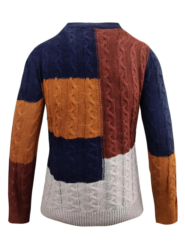 Men's V Neck Cable Knit Colorblocked Button Front Sweater Cardigan