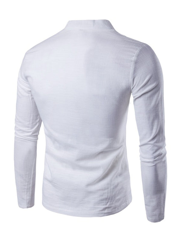 Men's Solid Color Slub Notched Collar With Button Up Long Sleeve T Shirt