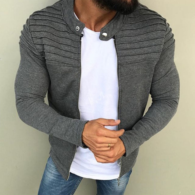 Men's Solid Color Full Zip With Button Neck Jacket