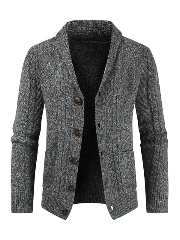 Men's Solid Color Shawl Collar Cable Stitch Cardigan