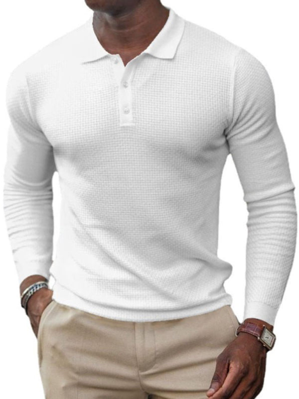 Men's solid-color button-down long-sleeve polo shirt