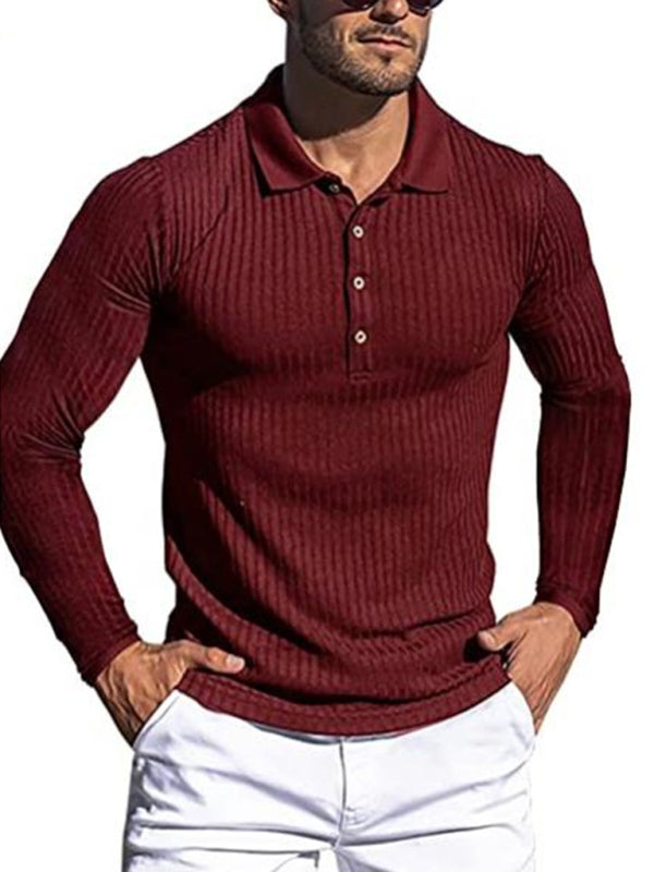 New Men's High Elastic Vertical Strip Long Sleeve POLO Shirt Slim Knit Bottom Shirt Polo Shirt