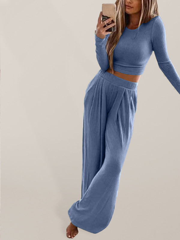 Women's Solid Color Knitted Casual Home Two-Piece Suit