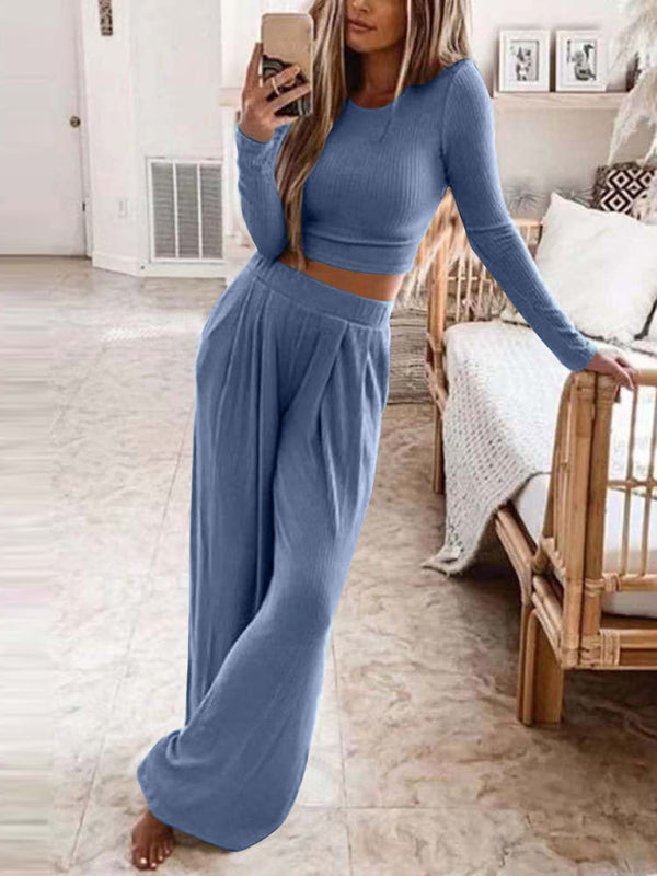 Women's Solid Color Knitted Casual Home Two-Piece Suit