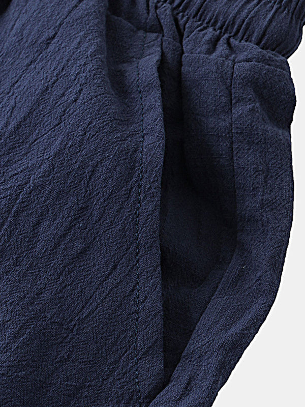 Men's Solid Color Linen Short Sleeve With Matching Shorts Pajamas